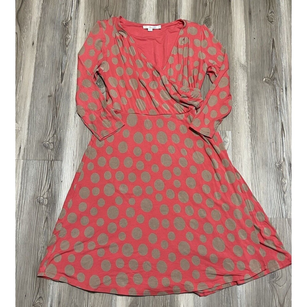 Boden Womens 14R Rosebury Polka Dot Jersey Midi Wrap Dress 3/4 Sleeve Salmon/Tan